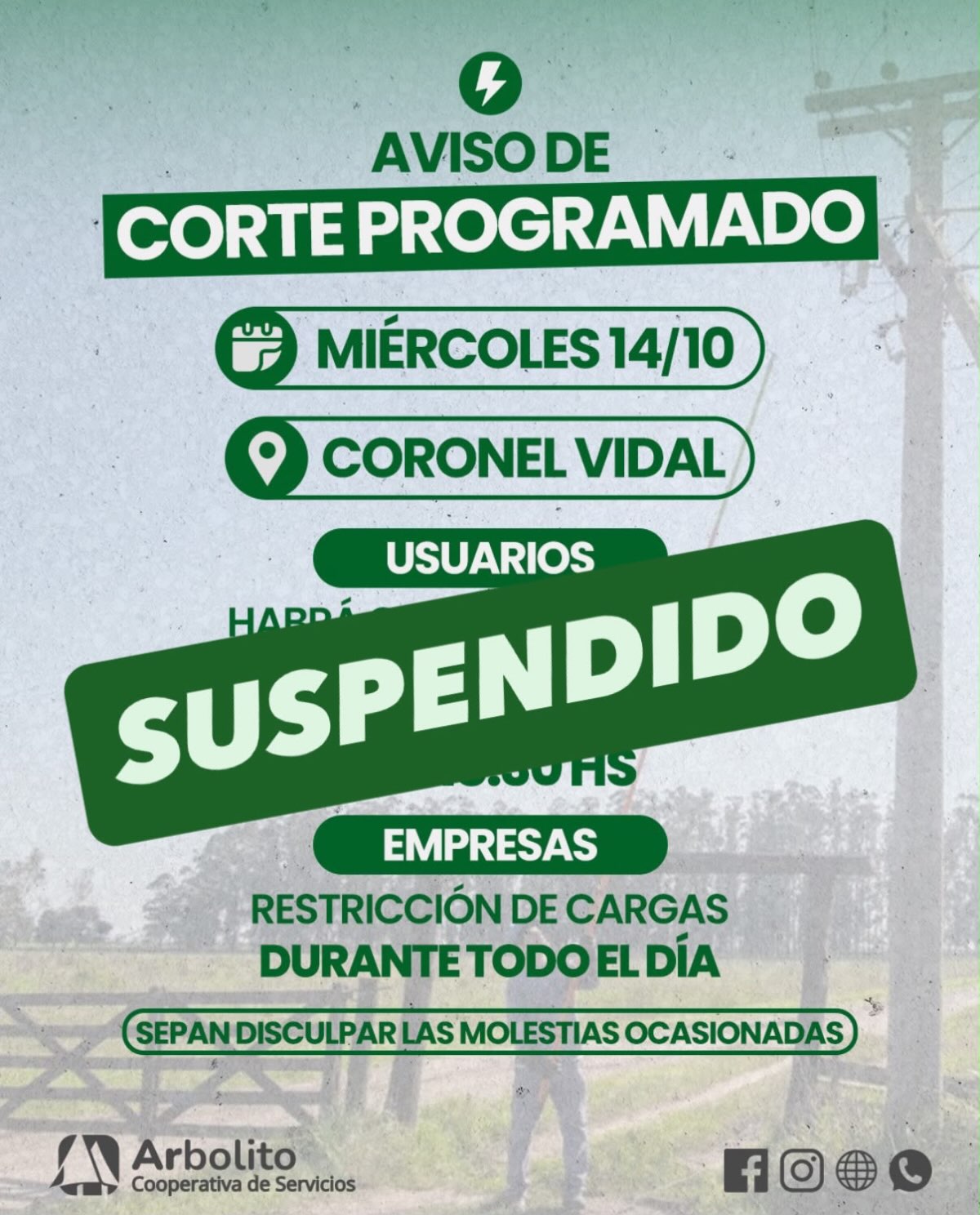 SUSPENDIDO EL CORTE PROGRAMADO EN CORONEL VIDAL