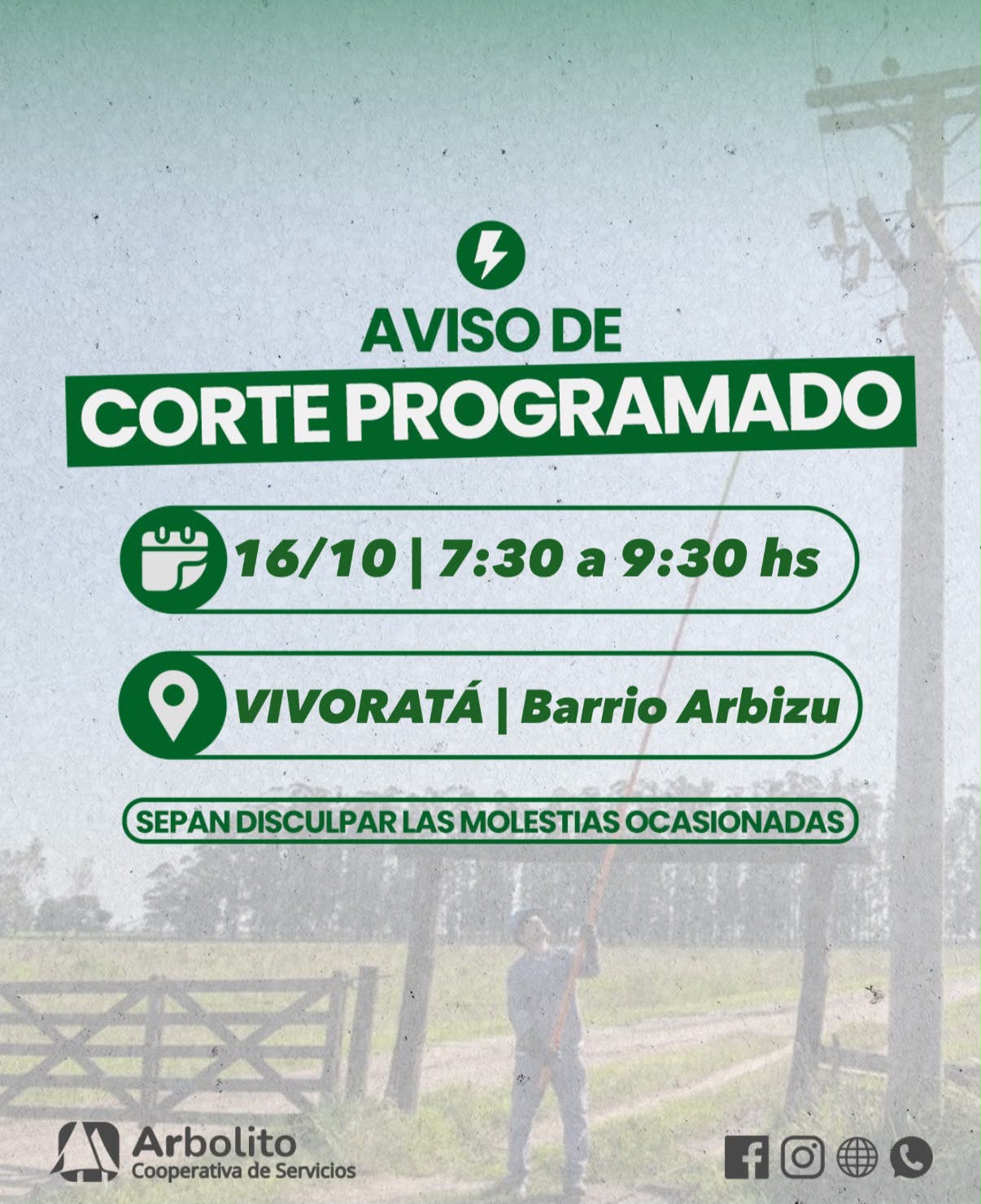 VIVORATÁ  CORTE PROGRAMADO DE ENERGÍA VIERNES 16/10  DE 7:30 a 9:30